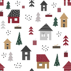 Cartoon seamless pattern with houses and trees, Christmas mood. Creative background for packaging, fabric, textile, wallpaper, clothing. Vector illustration