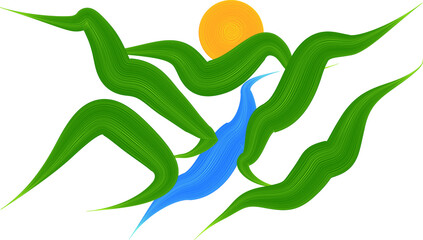 Mountain silhouettes with sun.  Rocky peaks in sunset.  Modern minimal art . Vector