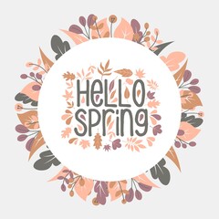 Hello Spring hand sketched logotype, badge typography icon. Lettering spring season with leaf for greeting card, invitation template. Retro, vintage lettering banner poster template background