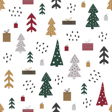 Cartoon seamless pattern with houses and trees, Christmas mood. Creative background for packaging, fabric, textile, wallpaper, clothing. Vector illustration	