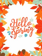 Hello Spring hand sketched logotype, badge typography icon. Lettering spring season with leaf for greeting card, invitation template. Retro, vintage lettering banner poster template background