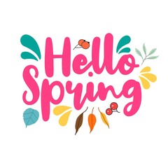 Hello Spring hand sketched logotype, badge typography icon. Lettering spring season with leaf for greeting card, invitation template. Retro, vintage lettering banner poster template background