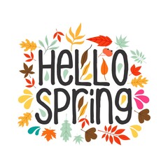 Fototapeta premium Hello Spring hand sketched logotype, badge typography icon. Lettering spring season with leaf for greeting card, invitation template. Retro, vintage lettering banner poster template background