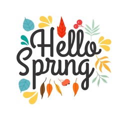 Fototapeta na wymiar Hello Spring hand sketched logotype, badge typography icon. Lettering spring season with leaf for greeting card, invitation template. Retro, vintage lettering banner poster template background