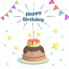 Happy birthday design template. Cartoon style cake with stars candies decoration. Bright background with wishing sign. Best for invitations, party flyers greeting cards. Vector illustration.