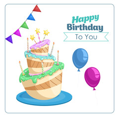 Happy birthday design template. Cartoon style cake with stars candies decoration. Bright background with wishing sign and balloons. Best for invitations, party flyers greeting cards. 