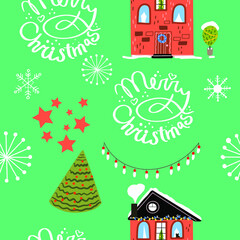 Seamless pattern hand drawing with snowy red house, christmas tree, christmas toys, lettering merry christmas