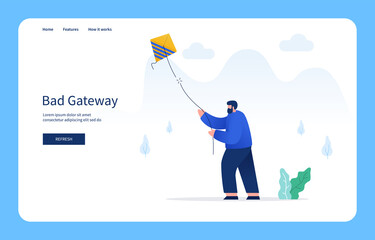 Modern Flat Design Concept, Man Playing Kite With Broken strings. Internal Server Error For Website And Mobile Site. Empty State