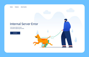 Modern Flat Design Concept, Man Walks With Dog Then The Leash Breaks. Internal Server Error For Website And Mobile Site. Empty State