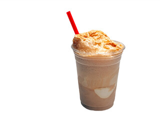 Delicious old fashioned frothy Root Beer Float in a clear plastic cup with a red straw on a white background.