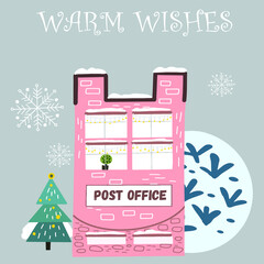 Christmas snow post office, mail, cozy postcard, hand drawing, Merry Christmas inscriptions, snowfalls, winter tree, garland.