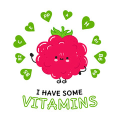 I have some vitamins card with cute happy raspberries. Vector hand drawn doodle style cartoon character illustration icon design. Vitamins card whith cute happy raspberries 