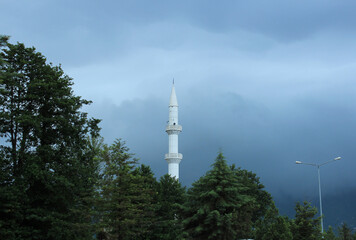 mosque in Turkey against the background of dense fog