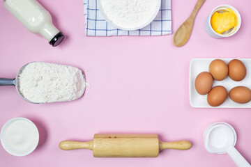 Fototapeta na wymiar food ingredients recipe on pink background