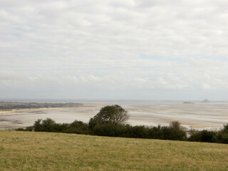 Prairie menant sur le sable fin d'une plage normande sous un ciel nuageux