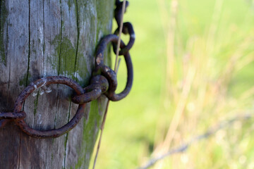 Vieille cha&icirc;ne rouill&eacute;e autour d'un morceau de bois d&eacute;limitant la prairie