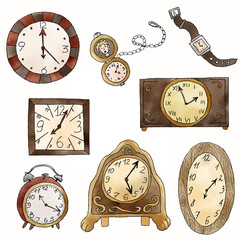 Set of 8 Vintage retro modern old brown wooden gold red clock. Objects for house, home, people use. Hand watch, alarm clock. sketch style