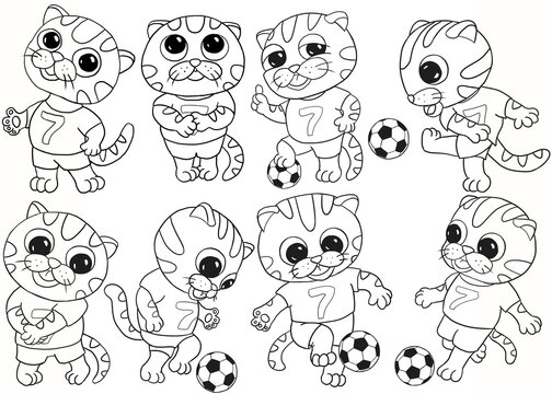 Funny cute colorless line art baby tiger football player. Yellow t-shirt, blue pants. Black and white ball. Perfect for design of children painring book. Isolated on white backgroung.