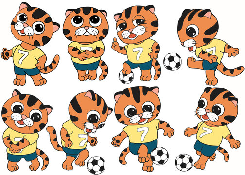 Funny cute orange baby tiger football player. Yellow t-shirt, blue pants. Black and white ball. Champion. Perfect for design of boy's birthday, football fan party, scool gym, nursery.