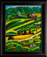 Framed reverse glass painting of a country farm in Maramures region of Romania. Colorful naive...