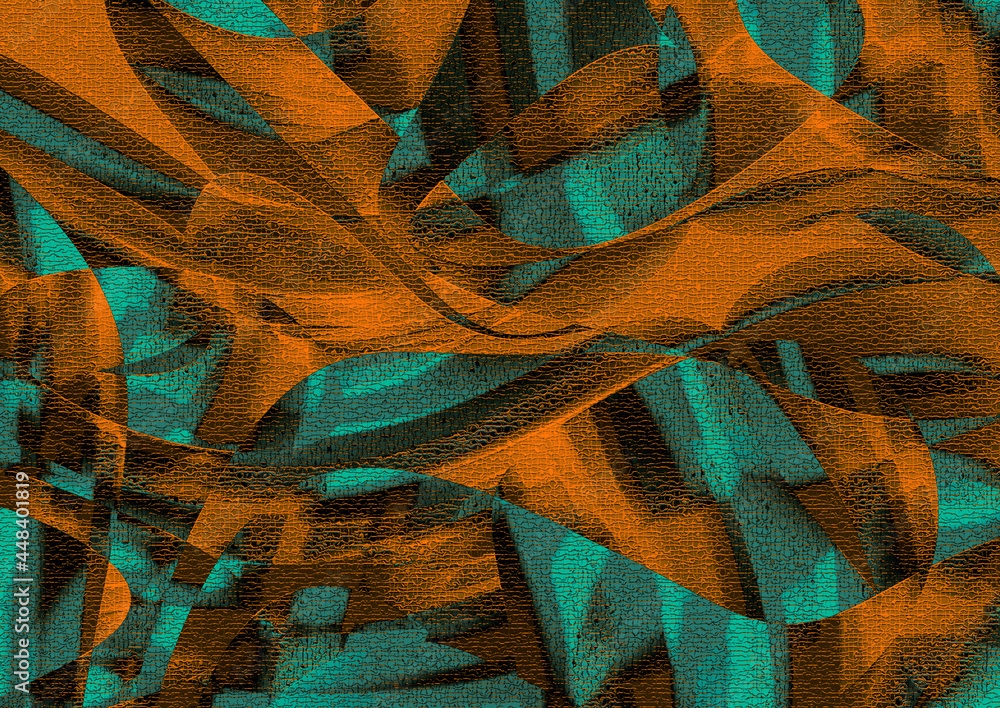 Poster modern abstract art pattern of random intertwining shapes with canvas effect in orange and turquoise