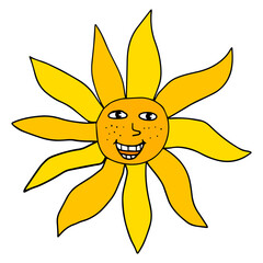 Cartoon linear doodle retro happy sun isolated on white background.