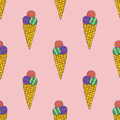 Cute doodle ice cream cone seamless pattern. Summer sweet food background.