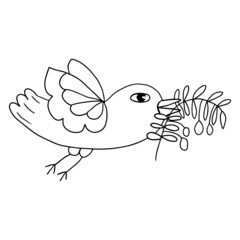 Cartoon doodle flying dove bird, pigeon with olive branch isolated on white background. Peace symbol.