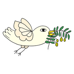 Cartoon doodle flying dove bird, pigeon with olive branch isolated on white background. Peace symbol.