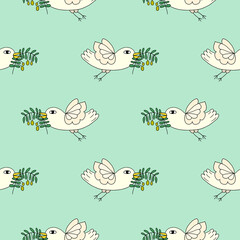 Cartoon doodle flying dove bird, pigeon with olive branch seamless pattern. Peace symbol background.