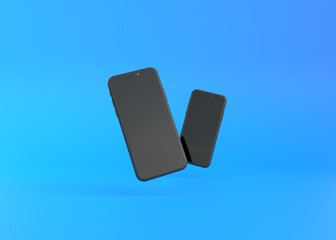 Two phones mockup are hovering on a blue background. 3D rendering illustration