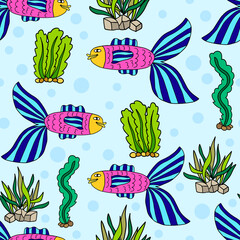 Cute colorful cartoon gold fish in doodle style seamless pattern. Tropical ocean life. Animal wrapping paper. 