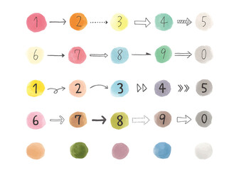 水彩風のドットと手描きの数字、矢印のセット