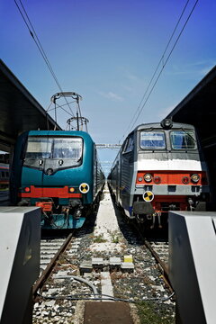 Two trains at the train station of Venice, Italy