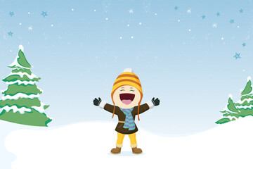 Naklejka premium Happy kids playing in the snow fall cartoon vector illustration