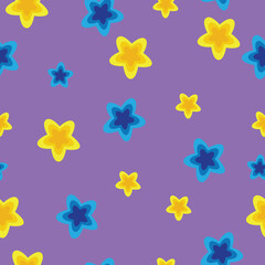 pattern, on a purple background yellow and blue stars, vector illustration,