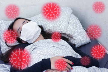 Obraz na płótnie Canvas sick girl is lying in bed, surrounded by viruses