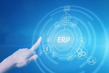 erp icons with system software for planning business and project management for best solution in production, strategy, development and marketing concept