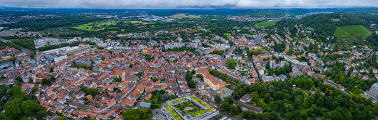 Fototapeta na wymiar Aerial view of the old town of Durlach beside Karlsruhe in Germany. On a cloudy day in spring