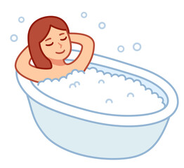 Cute cartoon woman taking bubble bath