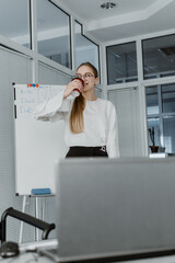 Remote Meetings, Video Conferencing. Young business woman drinking coffee and communicating with...