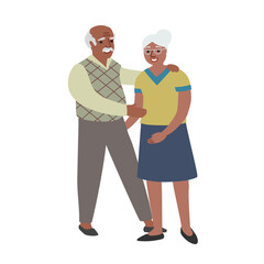 Elderly afroamerican couple. Old african american man and woman. Cartoon flat design illustration. Happy family. Vector picture isolated on white background.