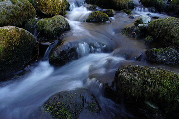 Fototapeta na wymiar Fluss mit Steinen und fließendem Wasser