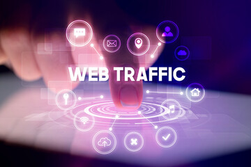 Finger touching tablet with web technology icons concept