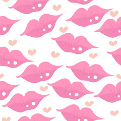 Cute vector seamless pattern with pink lips. Cute kisses and hearts, romantic pattern