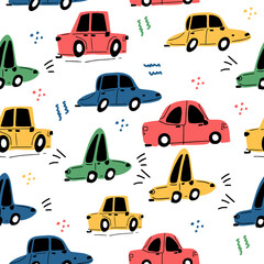 Seamless pattern with cars, patterns for children's room, clothes. Hand-drawn cars in the doodle style
