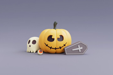 Happy Halloween concept ,Pumpkins character,skull,bone,coffin.on gray background.3d rendering.