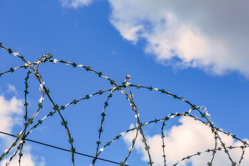 Barbed wire and blue sky as symbols of injustice and freedom