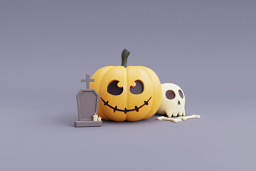 Happy Halloween concept ,Pumpkins character,skull,bone,coffin.on gray background.3d rendering.