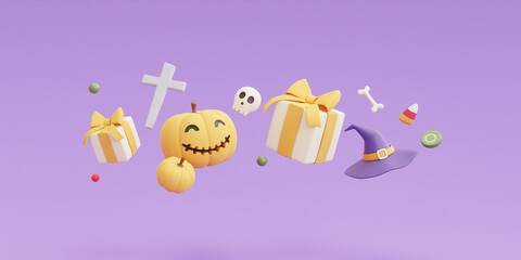 Happy Halloween concept ,Pumpkins character,gift box,candy,witch hat,bone,skull on purple  background.3d rendering.